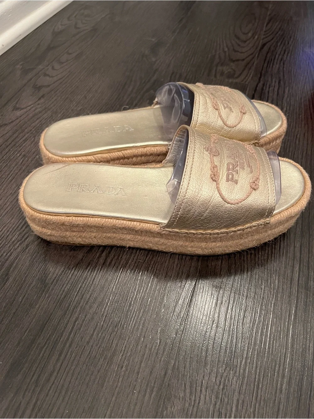 Prada Slide Espadrille Platform Sandals in Metallic Gold size 7.5 - Picture 6 of 10